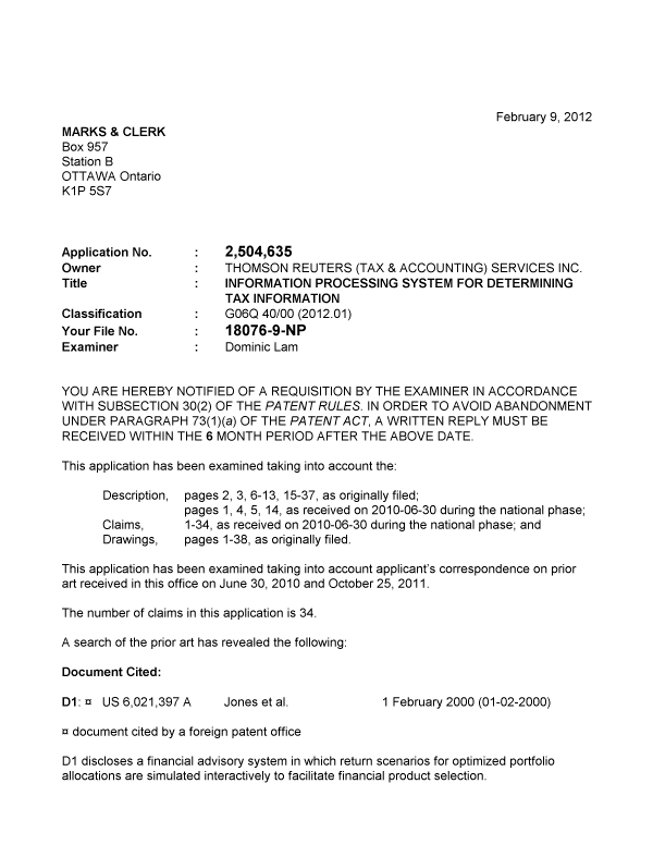 Document de brevet canadien 2504635. Poursuite-Amendment 20120209. Image 1 de 4