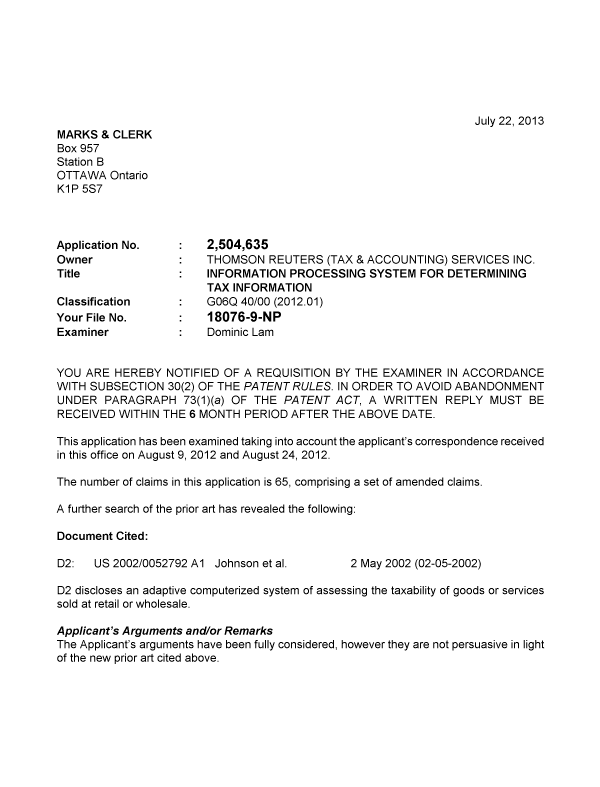 Document de brevet canadien 2504635. Poursuite-Amendment 20130722. Image 1 de 5