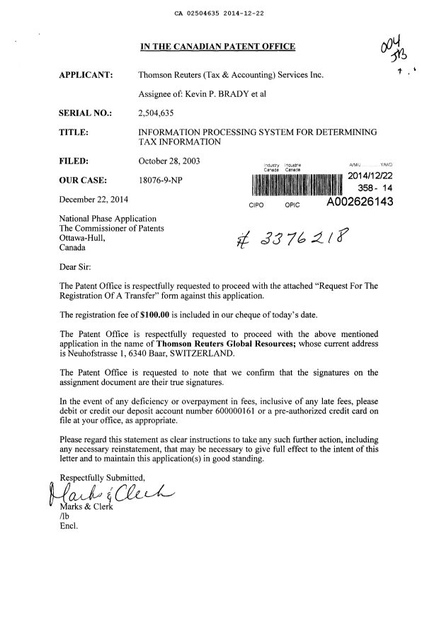 Document de brevet canadien 2504635. Cession 20141222. Image 1 de 20