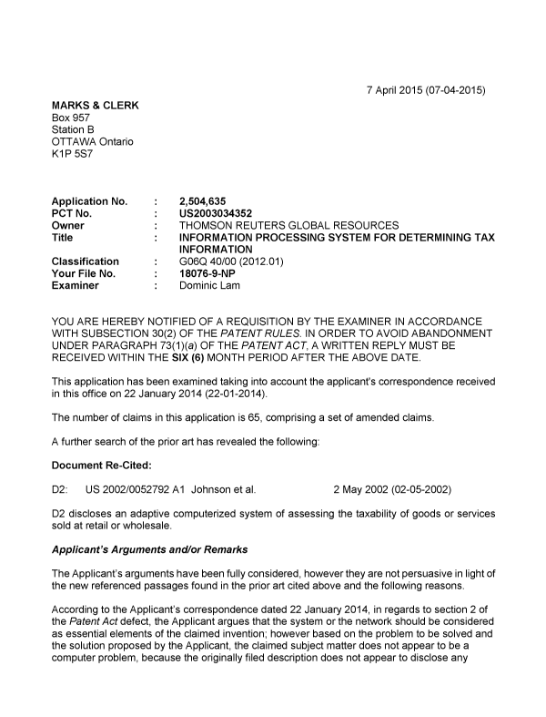 Document de brevet canadien 2504635. Poursuite-Amendment 20150407. Image 1 de 7