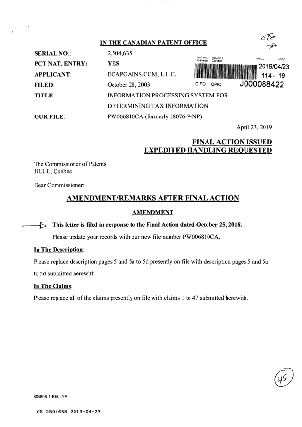 Document de brevet canadien 2504635. Décision finale - Réponse 20190423. Image 1 de 45