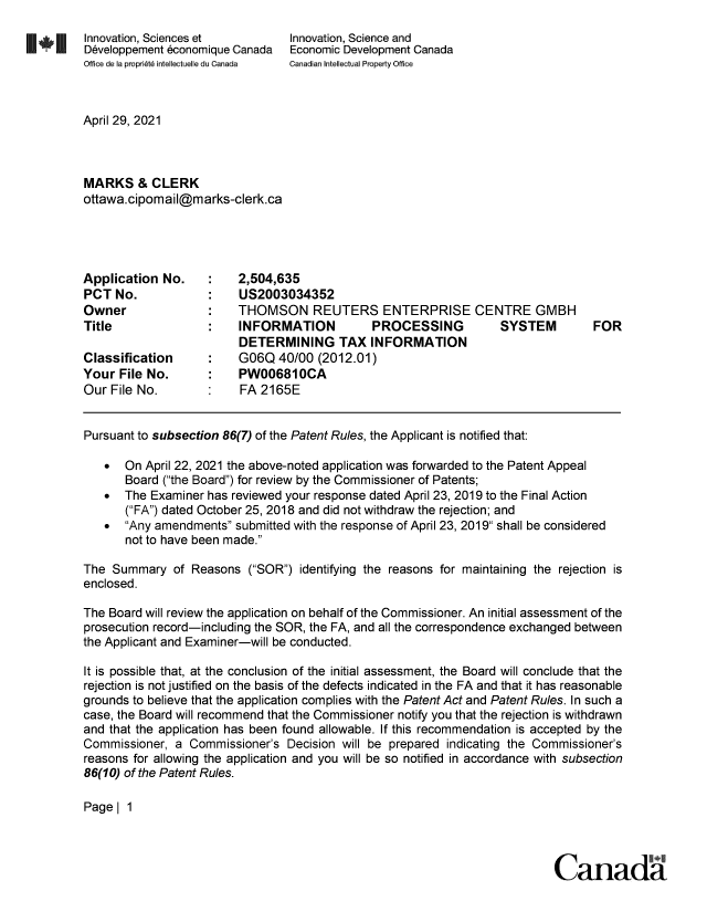 Document de brevet canadien 2504635. Lettre de la CAB 20210429. Image 1 de 2