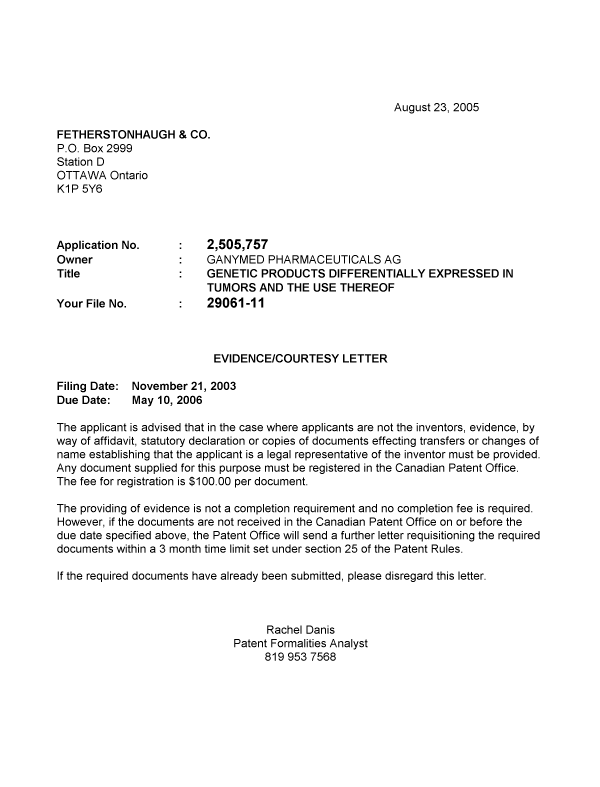 Document de brevet canadien 2505757. Correspondance 20050819. Image 1 de 1