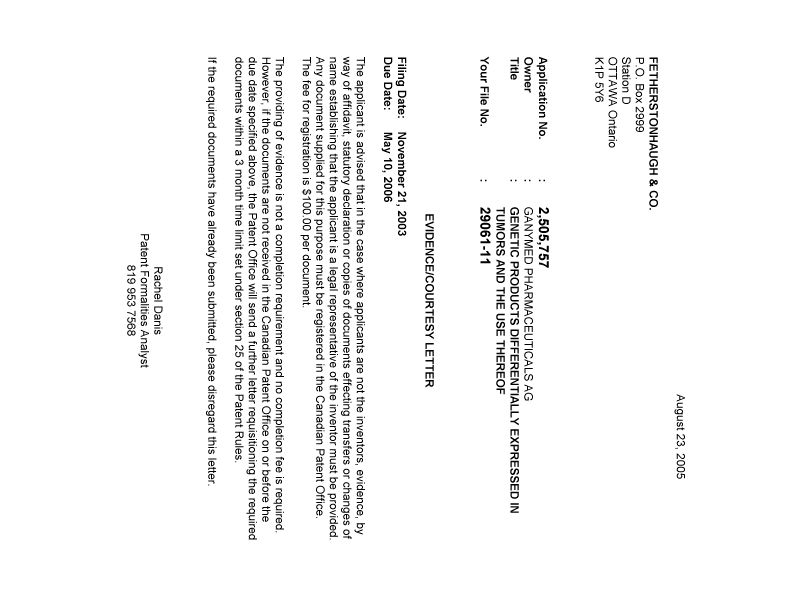Document de brevet canadien 2505757. Correspondance 20050819. Image 1 de 1