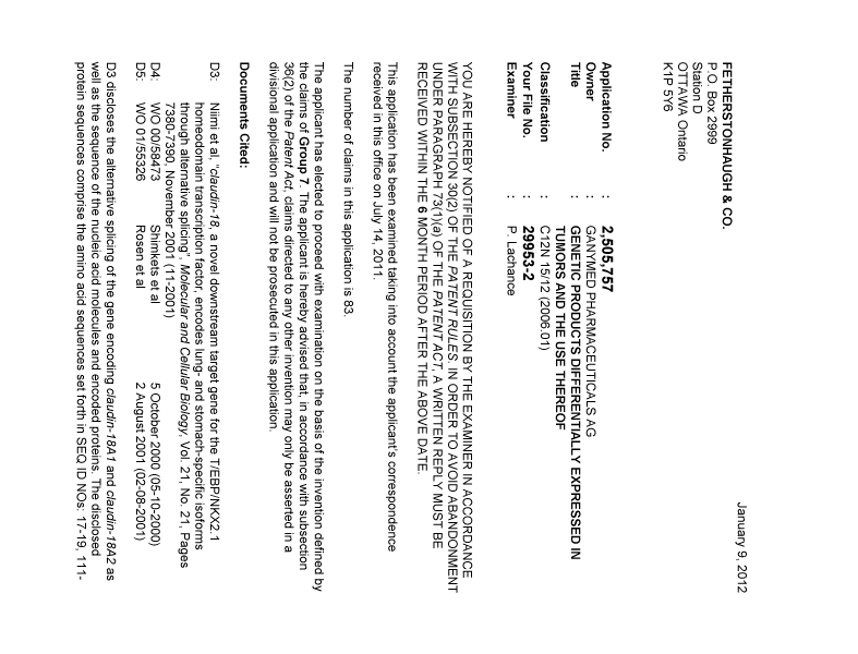 Document de brevet canadien 2505757. Poursuite-Amendment 20111209. Image 1 de 5