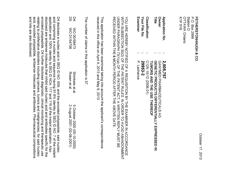 Document de brevet canadien 2505757. Poursuite-Amendment 20121217. Image 1 de 3