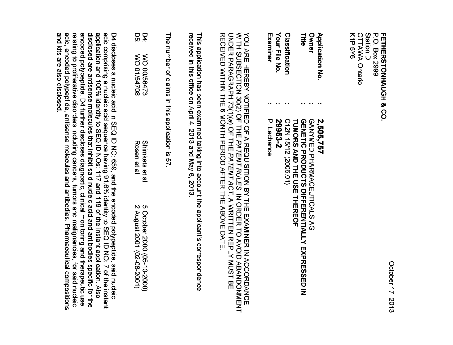 Document de brevet canadien 2505757. Poursuite-Amendment 20121217. Image 1 de 3
