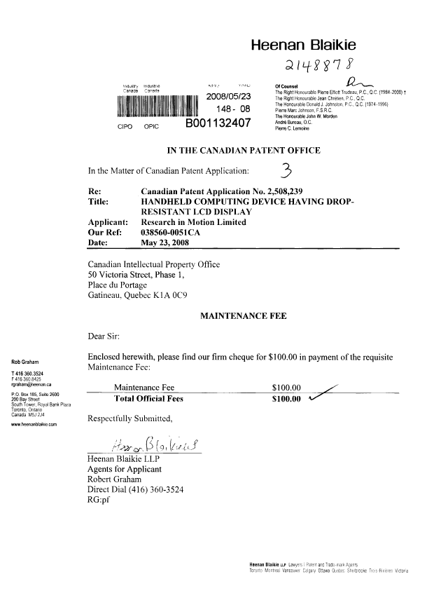 Document de brevet canadien 2508239. Taxes 20071223. Image 1 de 1