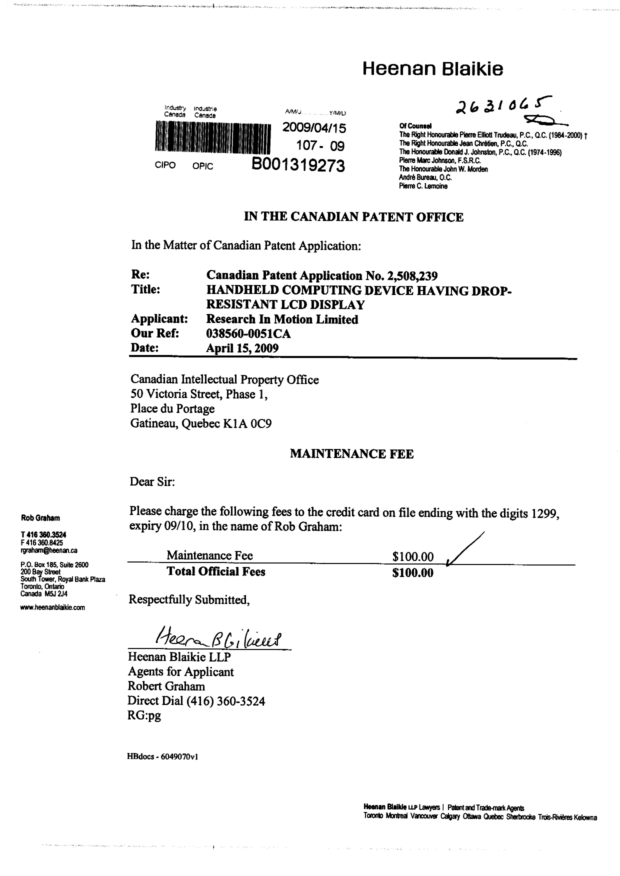 Document de brevet canadien 2508239. Taxes 20081215. Image 1 de 1