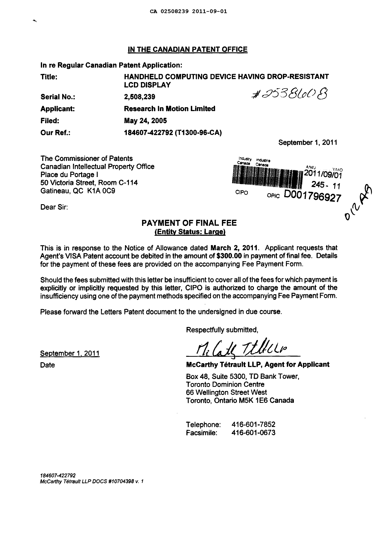 Document de brevet canadien 2508239. Correspondance 20101201. Image 1 de 1