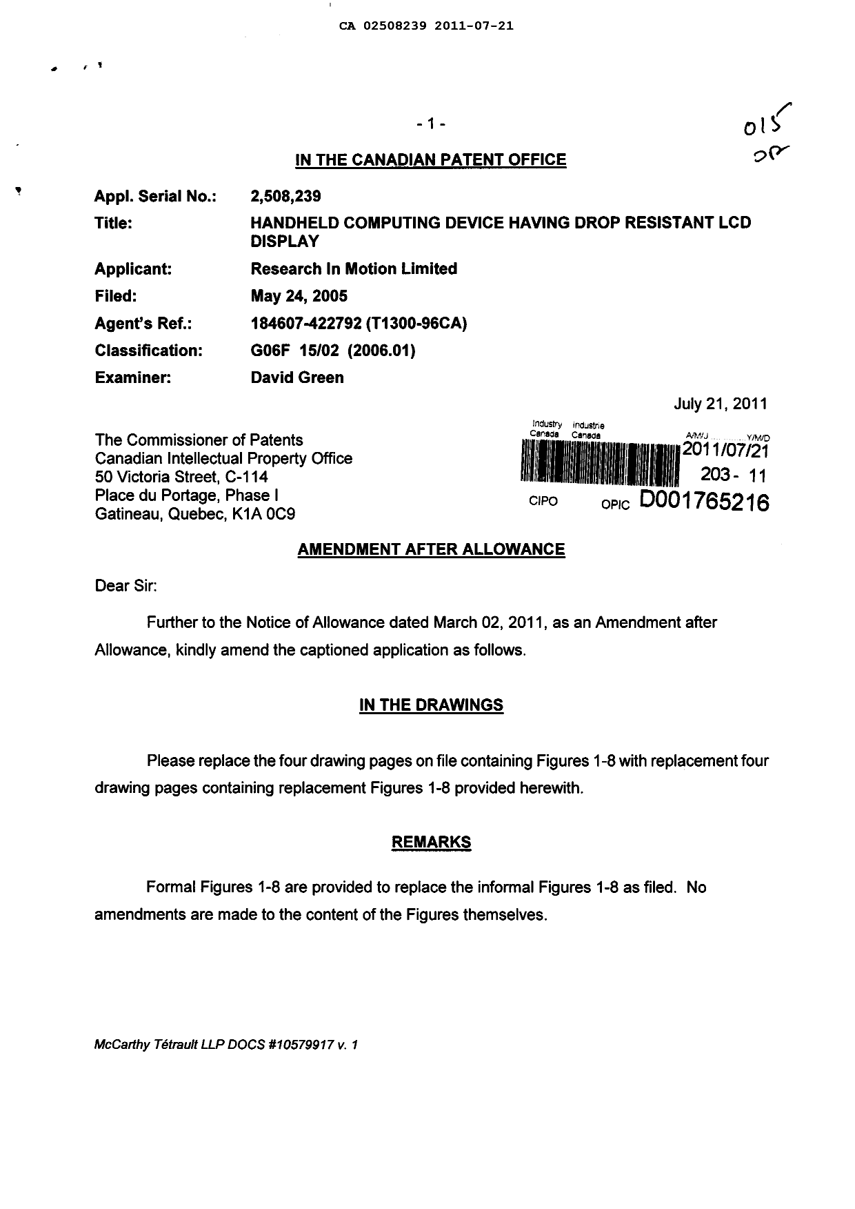 Canadian Patent Document 2508239. Prosecution-Amendment 20101221. Image 1 of 6
