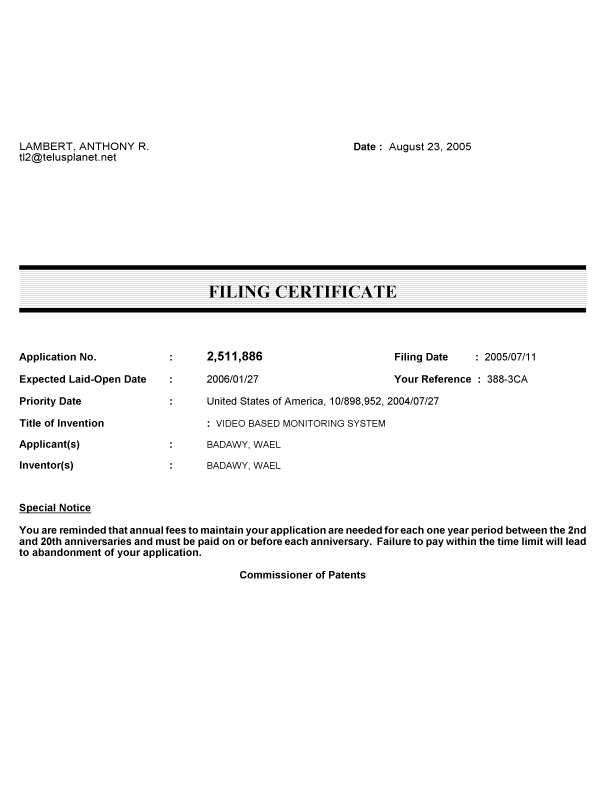Document de brevet canadien 2511886. Correspondance 20050823. Image 1 de 1