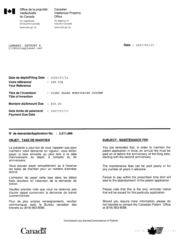Canadian Patent Document 2511886. Correspondence 20070313. Image 1 of 1