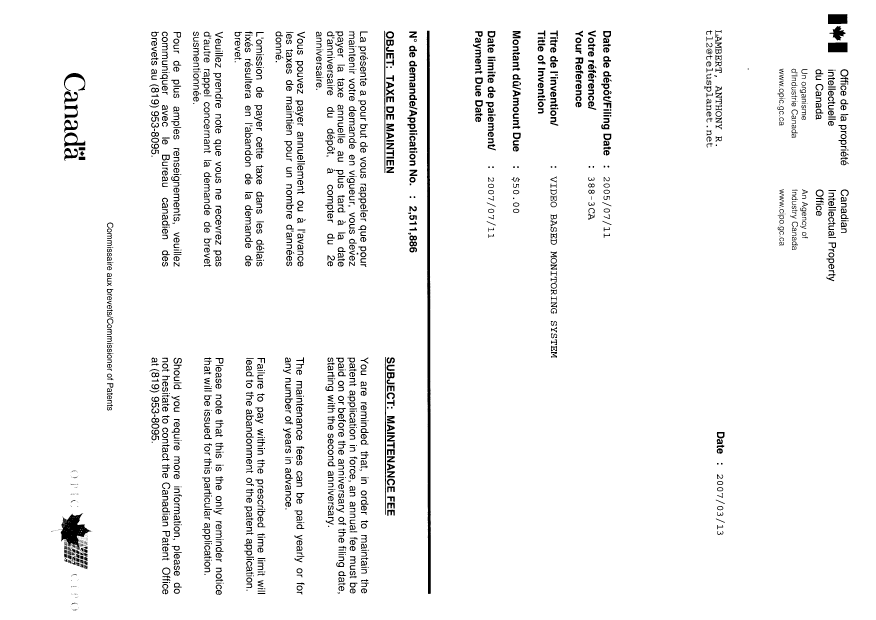 Canadian Patent Document 2511886. Correspondence 20070313. Image 1 of 1