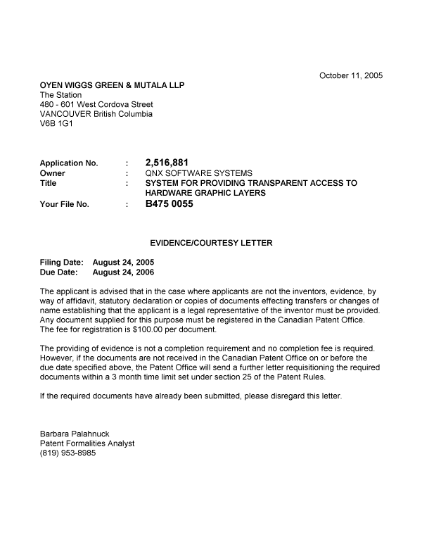 Document de brevet canadien 2516881. Correspondance 20041211. Image 1 de 1