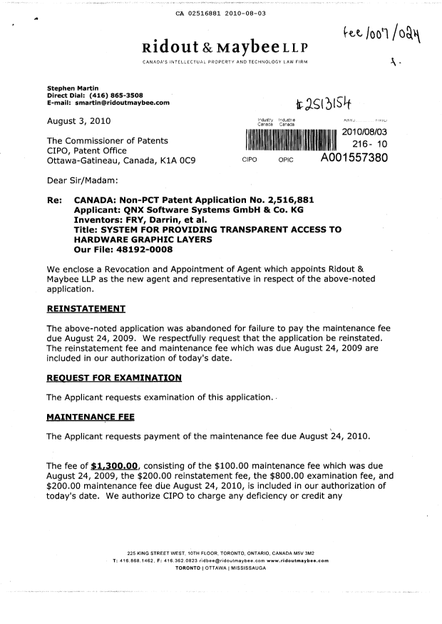 Document de brevet canadien 2516881. Correspondance 20091203. Image 1 de 5
