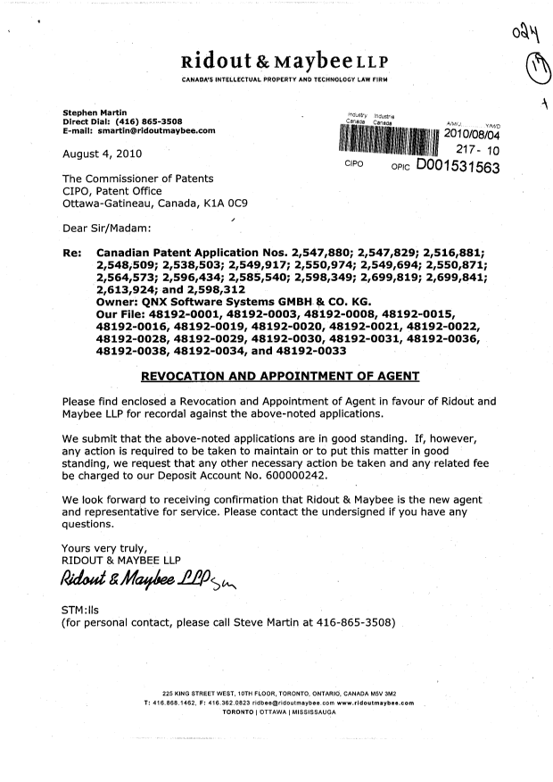 Document de brevet canadien 2516881. Correspondance 20091204. Image 1 de 4