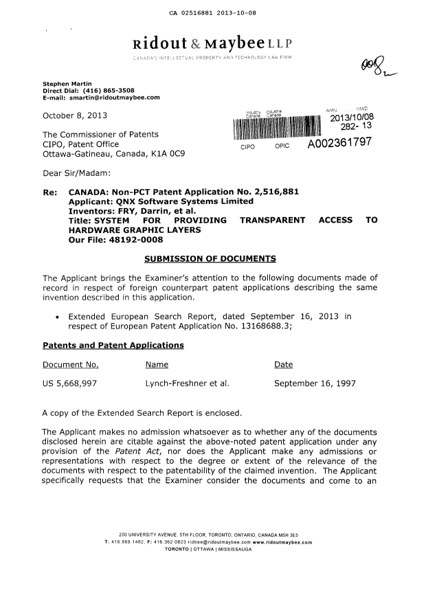Canadian Patent Document 2516881. Prosecution-Amendment 20131008. Image 1 of 2