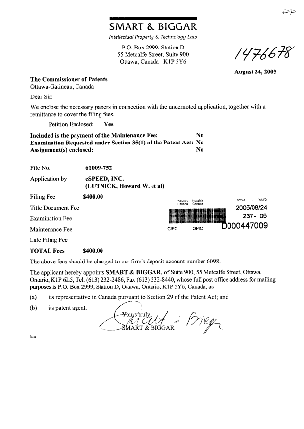 Document de brevet canadien 2516962. Cession 20050824. Image 1 de 2