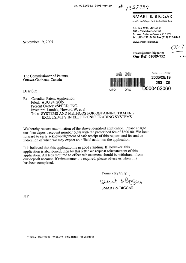 Document de brevet canadien 2516962. Poursuite-Amendment 20050919. Image 1 de 1