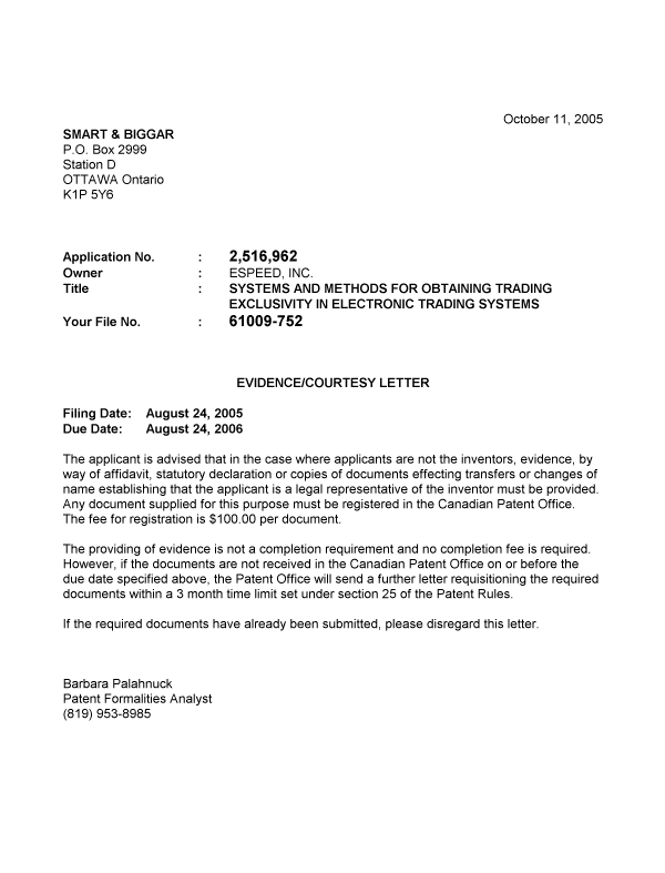 Document de brevet canadien 2516962. Correspondance 20051011. Image 1 de 1