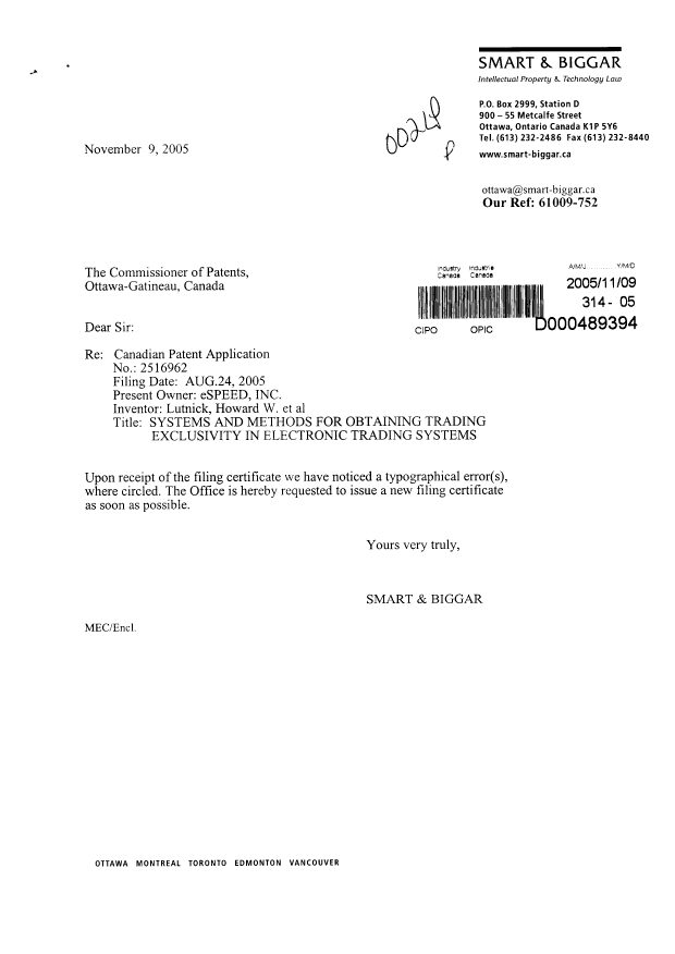 Document de brevet canadien 2516962. Correspondance 20051109. Image 1 de 2