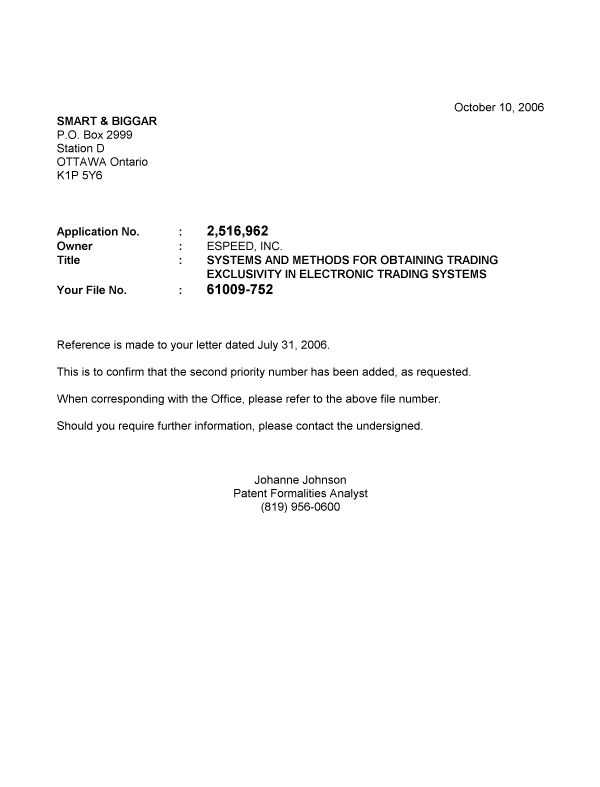 Document de brevet canadien 2516962. Correspondance 20051205. Image 1 de 1