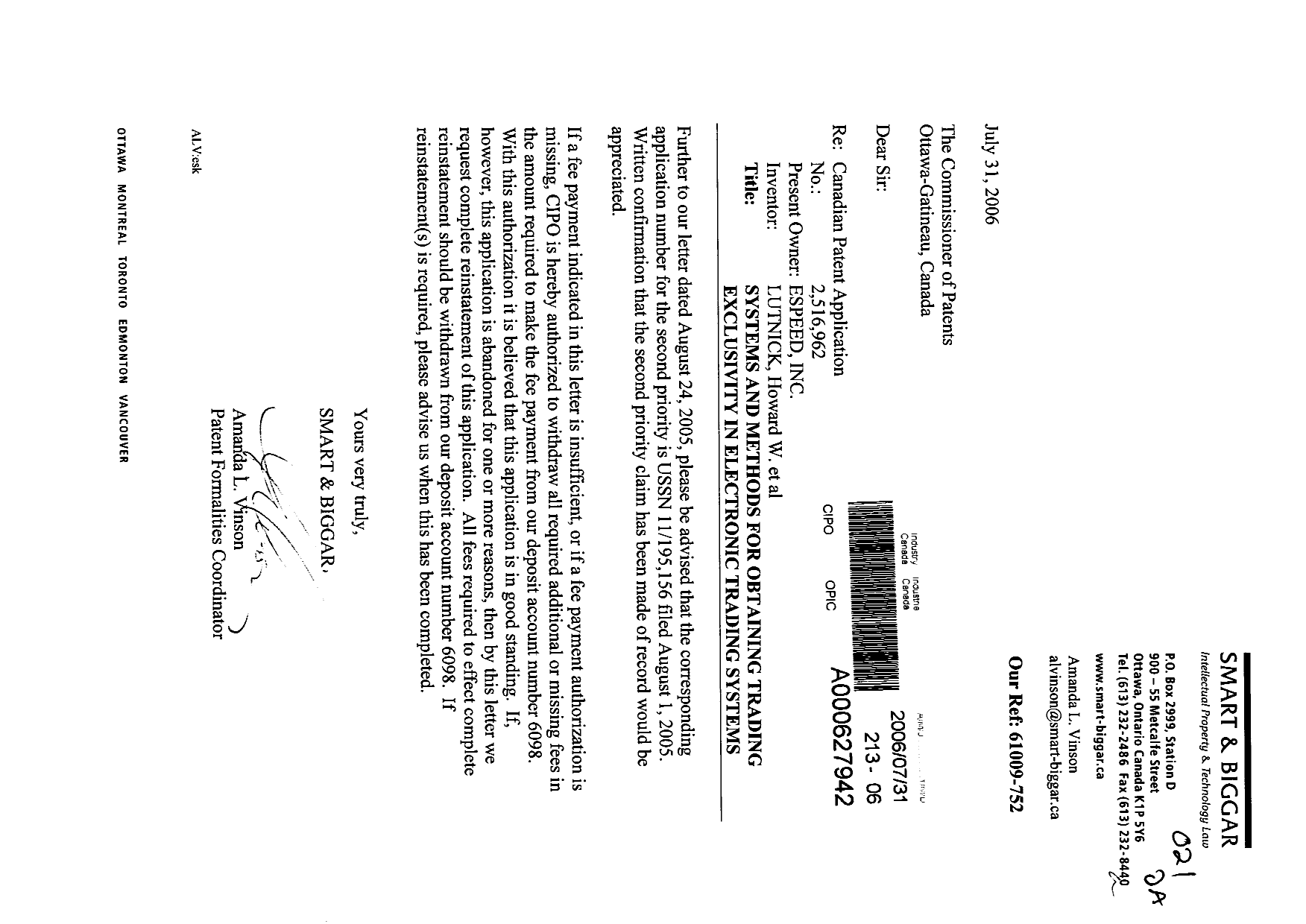 Document de brevet canadien 2516962. Correspondance 20051231. Image 1 de 1