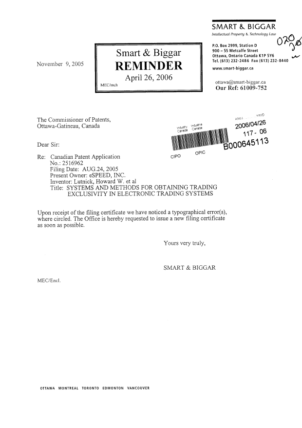 Document de brevet canadien 2516962. Correspondance 20060426. Image 1 de 1