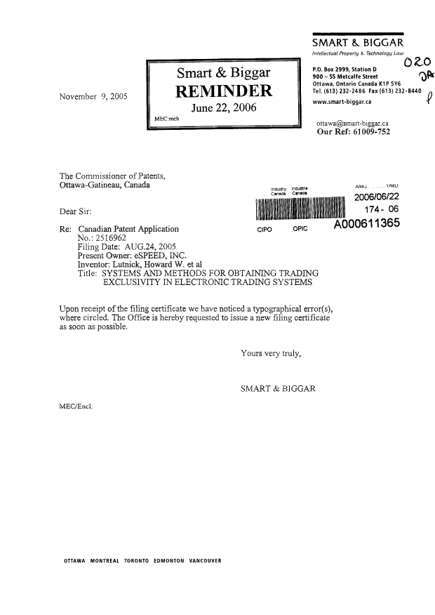 Document de brevet canadien 2516962. Correspondance 20060622. Image 1 de 1