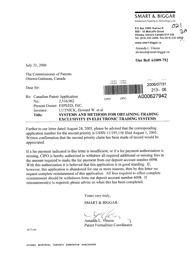 Document de brevet canadien 2516962. Correspondance 20060731. Image 1 de 1