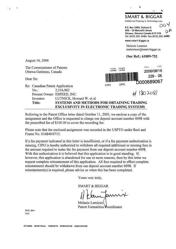 Document de brevet canadien 2516962. Cession 20060816. Image 1 de 4