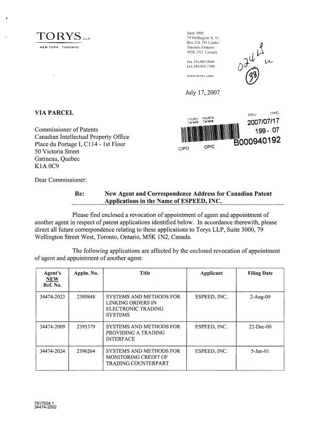Document de brevet canadien 2516962. Correspondance 20070717. Image 1 de 9