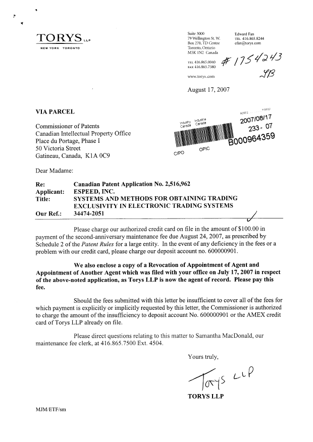 Document de brevet canadien 2516962. Taxes 20070817. Image 1 de 5