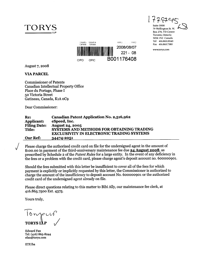 Document de brevet canadien 2516962. Taxes 20080807. Image 1 de 1
