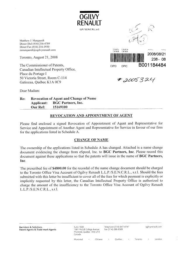 Document de brevet canadien 2516962. Correspondance 20080821. Image 1 de 6