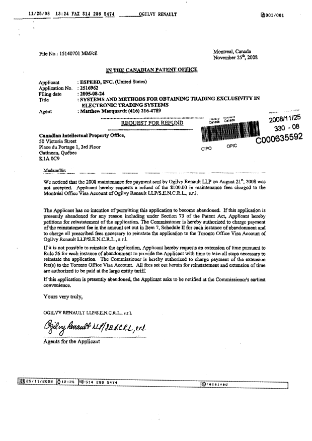 Document de brevet canadien 2516962. Correspondance 20081125. Image 1 de 1