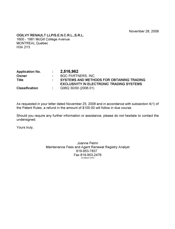 Document de brevet canadien 2516962. Correspondance 20081128. Image 1 de 1