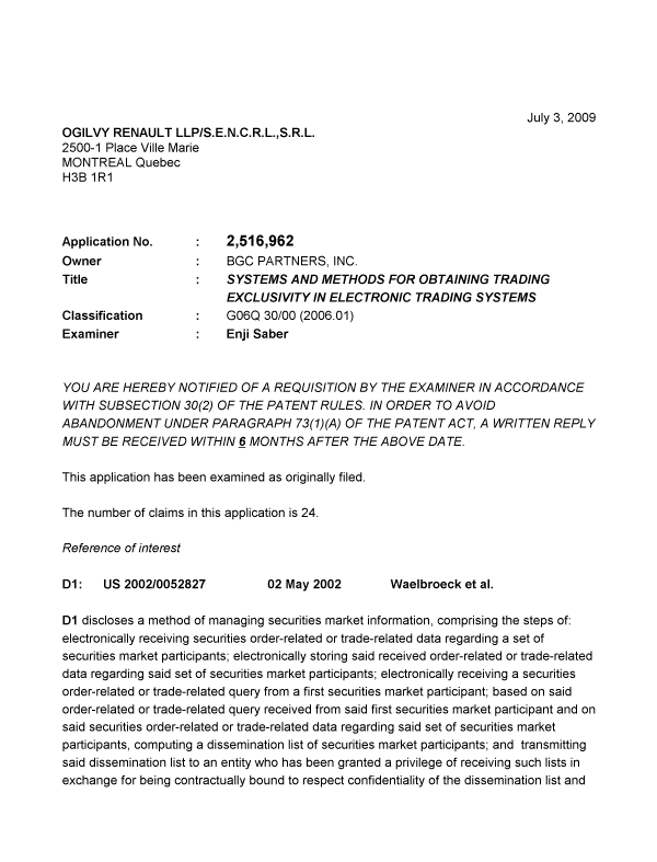 Document de brevet canadien 2516962. Poursuite-Amendment 20090703. Image 1 de 4