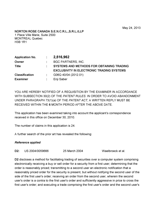 Document de brevet canadien 2516962. Poursuite-Amendment 20130524. Image 1 de 4