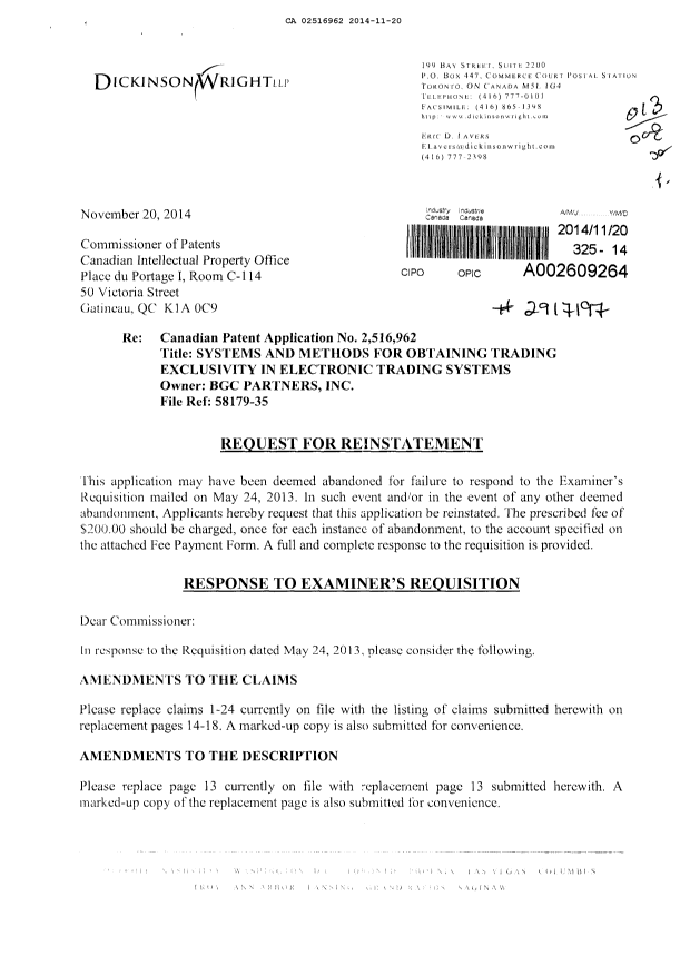Document de brevet canadien 2516962. Poursuite-Amendment 20131220. Image 1 de 20