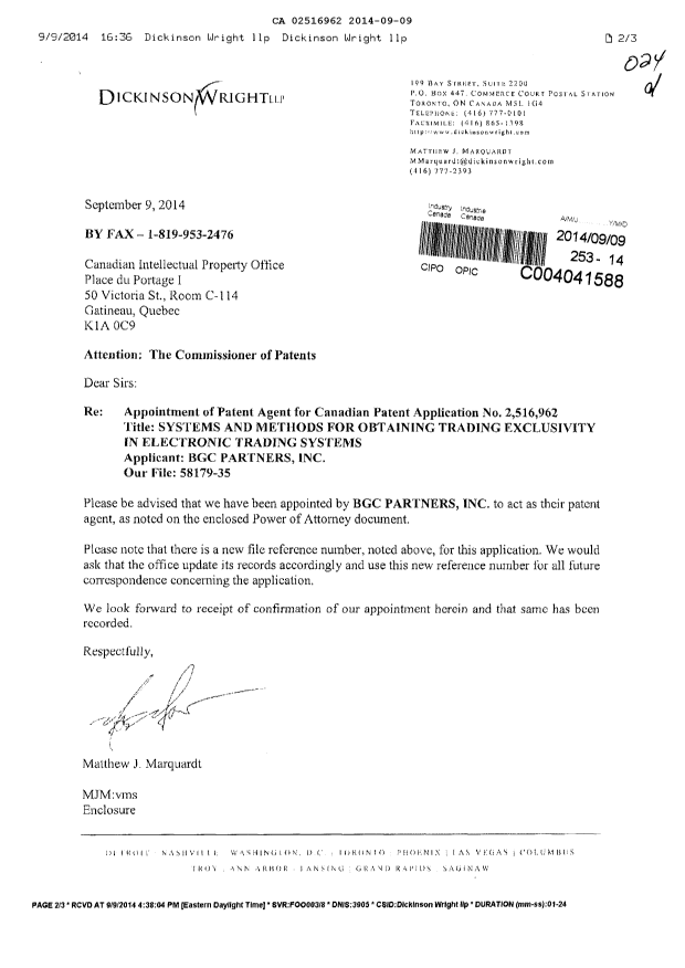 Document de brevet canadien 2516962. Correspondance 20140909. Image 1 de 3