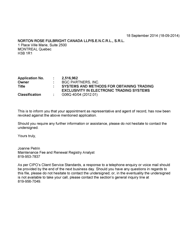 Document de brevet canadien 2516962. Correspondance 20140918. Image 1 de 1