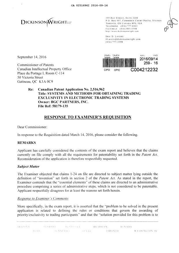 Document de brevet canadien 2516962. Poursuite-Amendment 20151214. Image 1 de 6