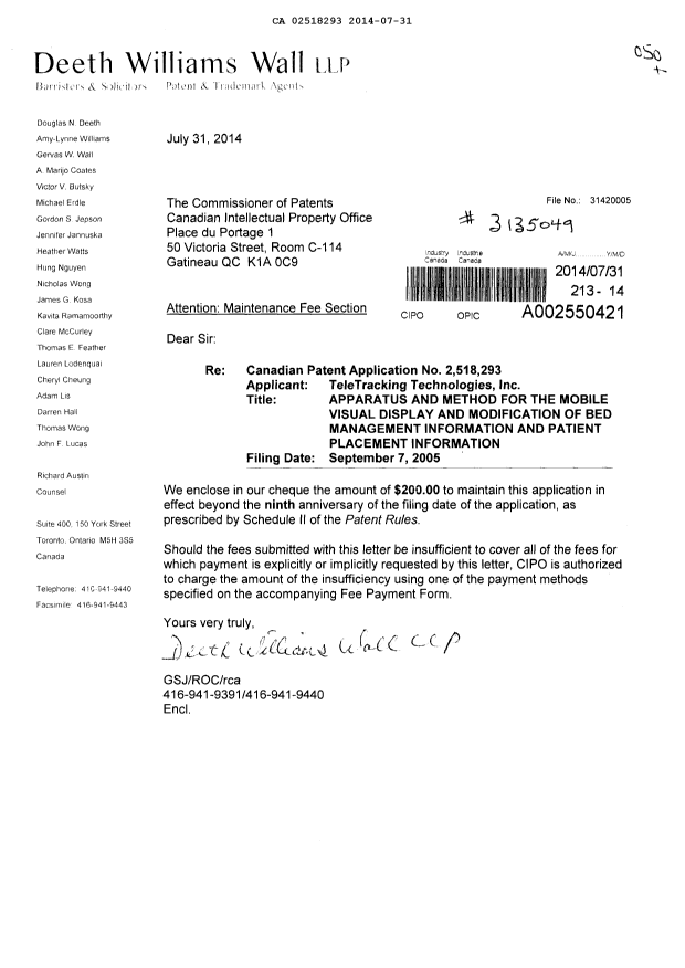 Document de brevet canadien 2518293. Taxes 20131231. Image 1 de 1