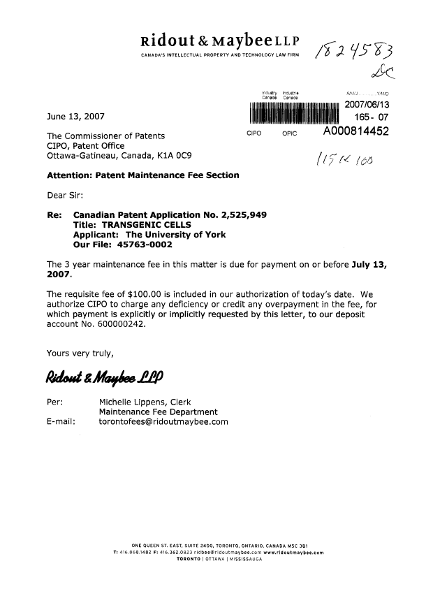 Document de brevet canadien 2525949. Taxes 20061213. Image 1 de 1