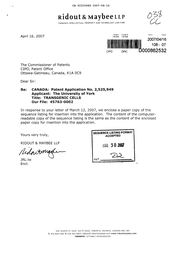 Document de brevet canadien 2525949. Poursuite-Amendment 20061216. Image 1 de 26