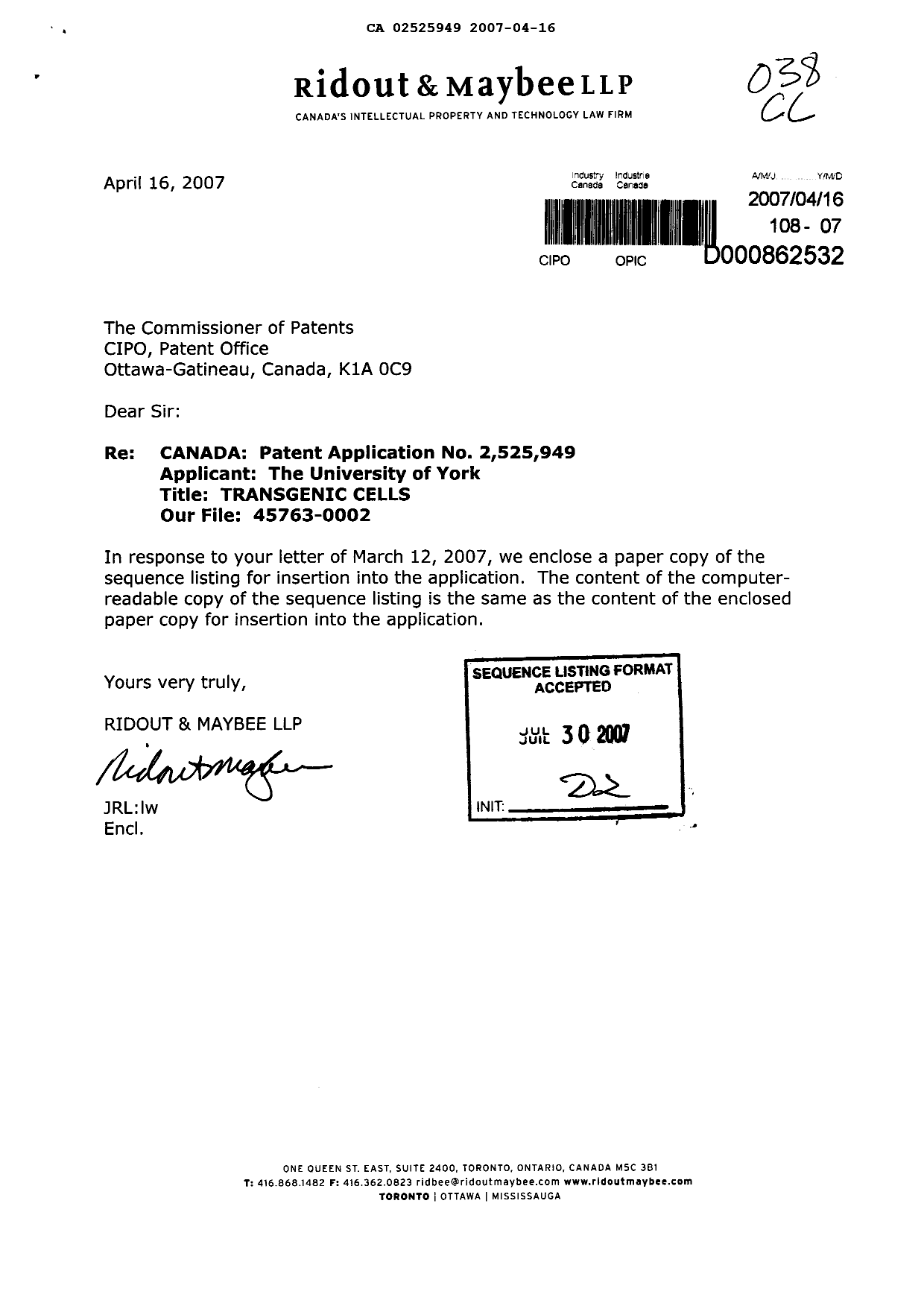 Canadian Patent Document 2525949. Prosecution-Amendment 20061216. Image 1 of 26