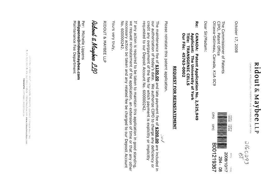 Document de brevet canadien 2525949. Taxes 20071217. Image 1 de 1