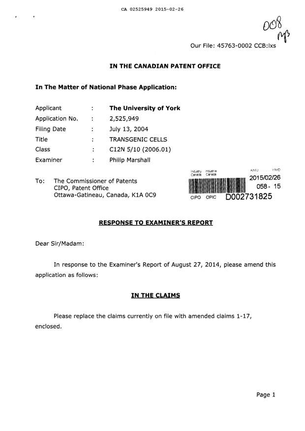 Canadian Patent Document 2525949. Prosecution-Amendment 20141226. Image 1 of 9